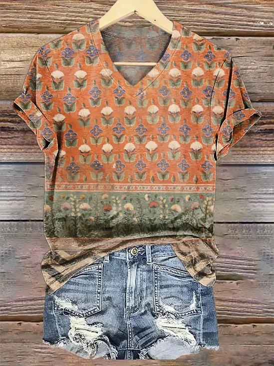 Damen Geblümt Kurzarm T-Shirts T-Shirt V-Ausschnitt Print Lässig Sommer T-Shirt mit Grafik Oberteile