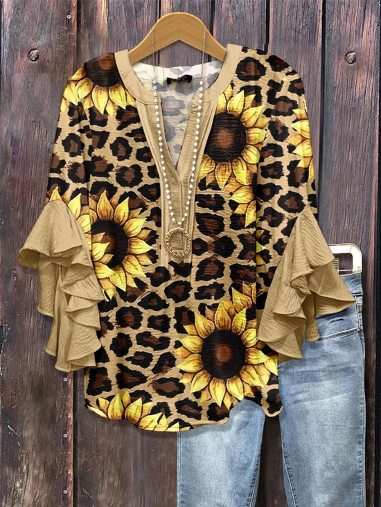 Damen Leopard Halbarm Bluse Sommer Print V-Ausschnitt Täglich Lässig Oberteile
