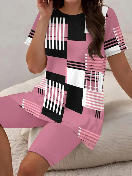 Damen abstrakte Streifen Print Zweiteiliges Set Täglich Kurzarm Lässig Sommer Bluse mit Hose Matching Set