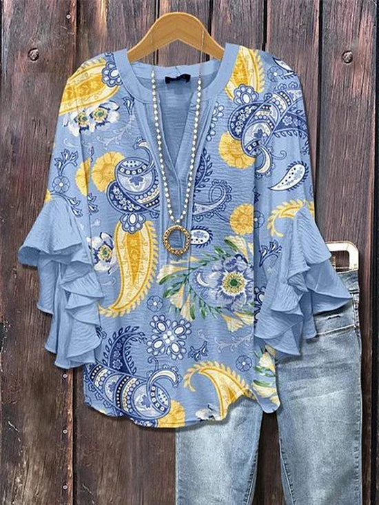 Damen Geblümt Halbarm Bluse Sommer Print V-Ausschnitt Täglich Lässig Oberteile