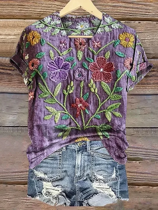 Damen Geblümt Kurzarm T-Shirts T-Shirt V-Ausschnitt Print Lässig Sommer T-Shirt mit Grafik Oberteile
