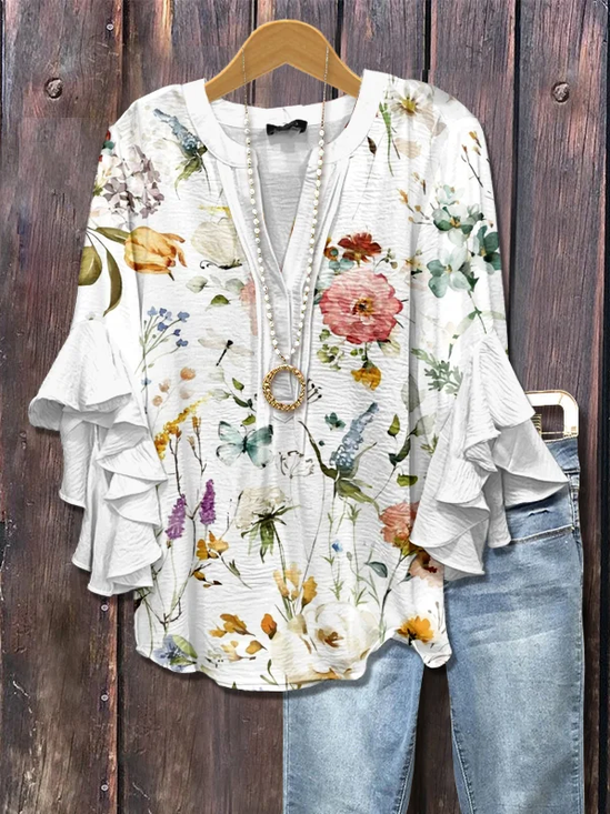 Damen Geblümt Halbarm Bluse Sommer Print V-Ausschnitt Täglich Lässig Oberteile