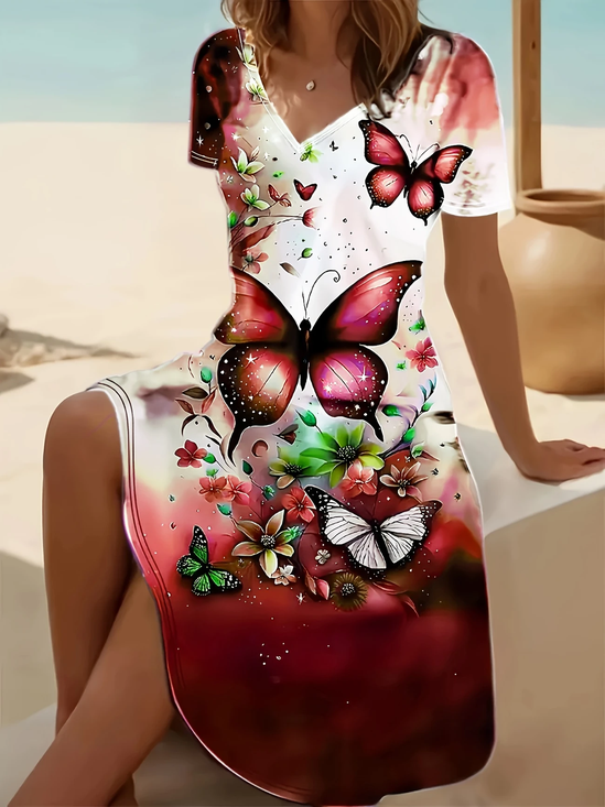 Damen Geblümt Kurzarm Sommer Print Kleid V-Ausschnitt Täglich Lässig Midi Passen & Flare Kleid A-Linien-Kleid
