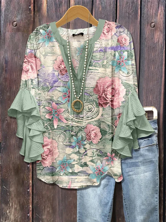 Damen Geblümt Halbarm Bluse Sommer Print V-Ausschnitt Täglich Lässig Oberteile
