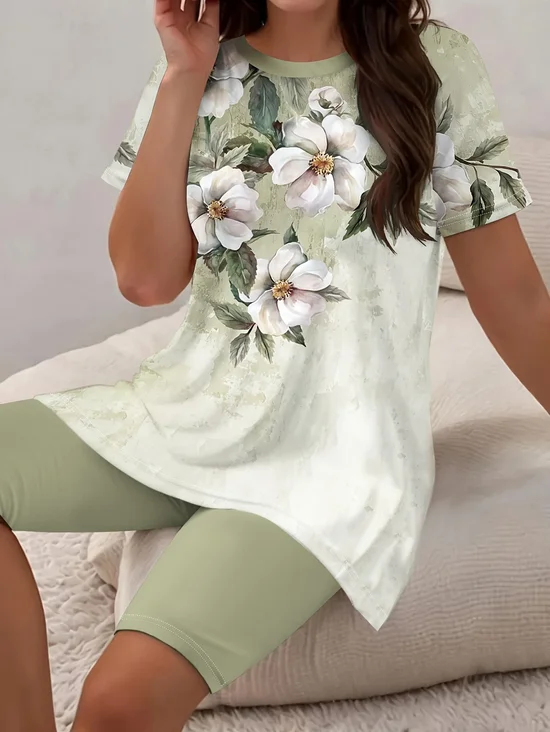 Damen Geblümt Print Zweiteiliges Set Täglich Kurzarm Lässig Sommer Bluse mit Hose Matching Set