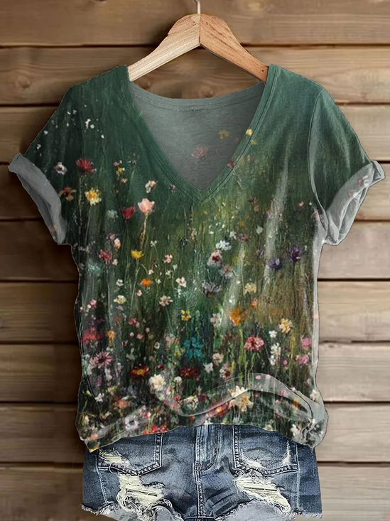 Damen Geblümt Kurzarm T-Shirts T-Shirt V-Ausschnitt Print Lässig Sommer T-Shirt mit Grafik Oberteile