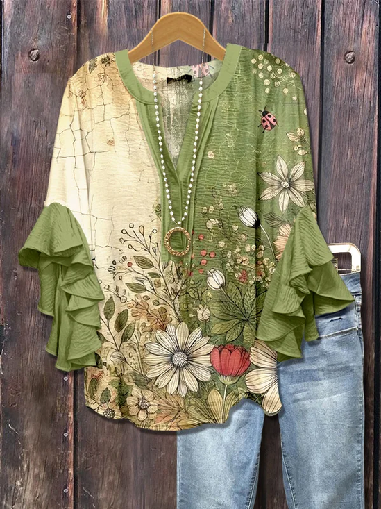 Damen Geblümt Halbarm Bluse Sommer Print V-Ausschnitt Täglich Lässig Oberteile