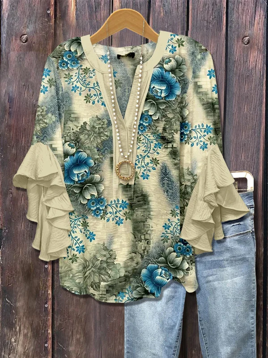 Damen Geblümt Halbarm Bluse Sommer Print V-Ausschnitt Täglich Lässig Oberteile