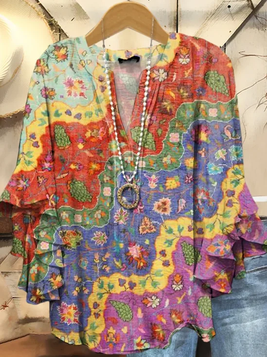 Damen Geblümt Halbarm Bluse Sommer Print V-Ausschnitt Täglich Lässig Oberteile
