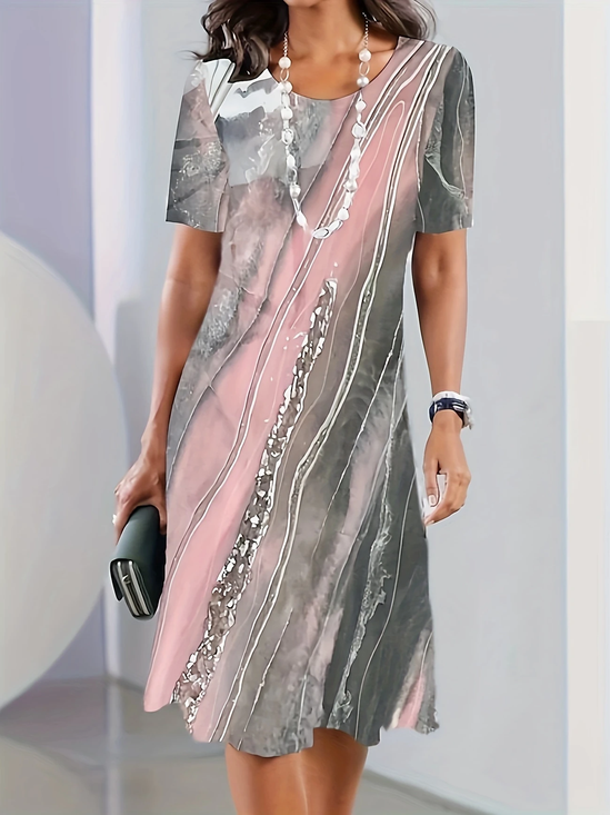 Damen Abstrakt Kurzarm Sommer Print Kleid Rundhals Täglich Retro Midi Tunika H-Linie Kleid