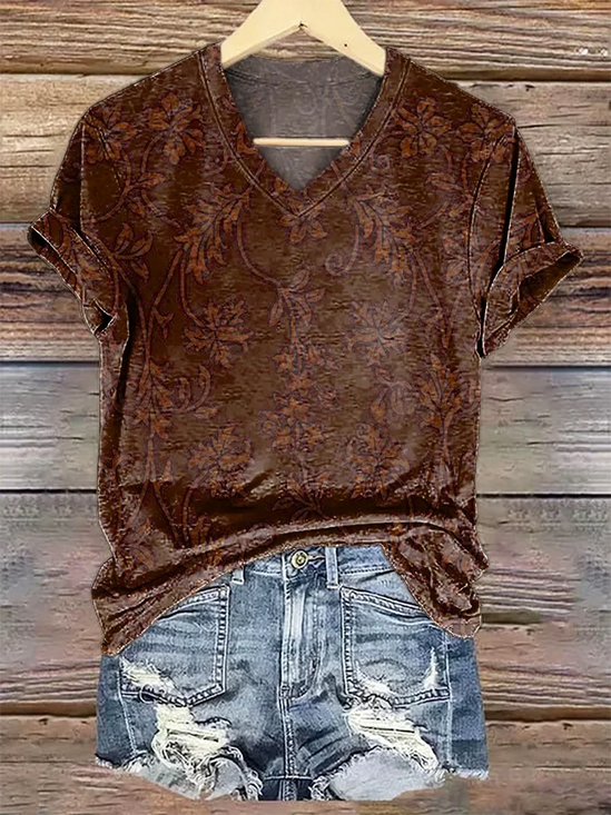Damen Geblümt Kurzarm T-Shirts T-Shirt V-Ausschnitt Print Lässig Sommer T-Shirt mit Grafik Oberteile