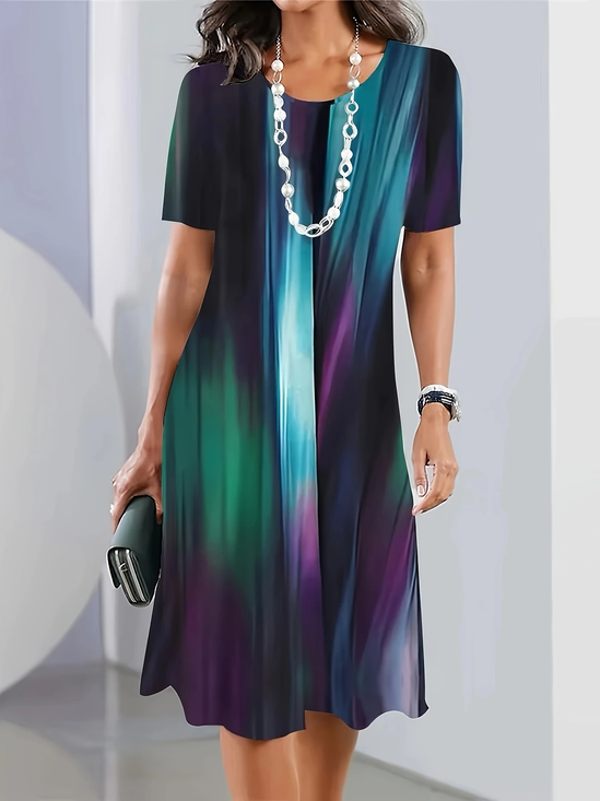 Damen Abstrakt Kurzarm Sommer Print Kleid Rundhals Täglich Retro Midi Tunika H-Linie Kleid
