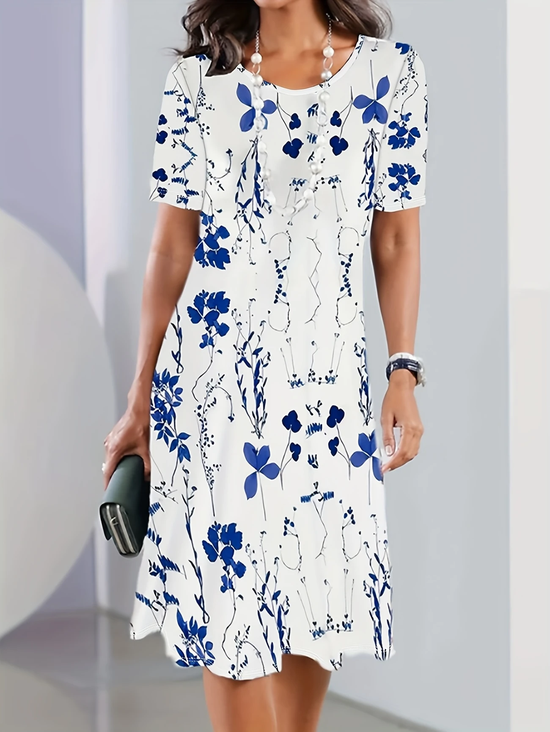Damen Geblümt Kurzarm Sommer Print Kleid Rundhals Täglich Retro Midi Tunika H-Linie Kleid