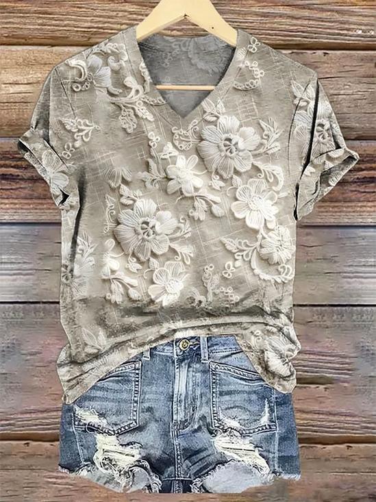 Damen Geblümt Kurzarm T-Shirts T-Shirt V-Ausschnitt Print Lässig Sommer T-Shirt mit Grafik Oberteile