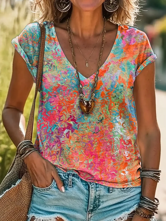 Damen Abstrakt Kurzarm T-Shirts T-Shirt V-Ausschnitt Print Lässig Sommer T-Shirt mit Grafik Oberteile