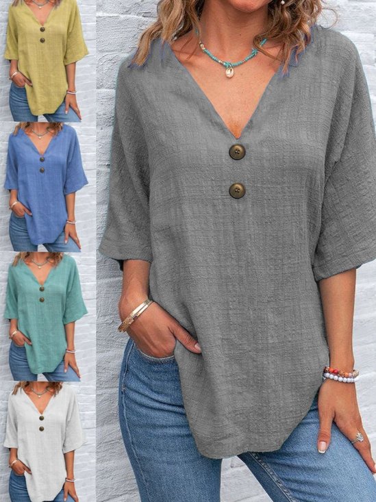 Damen Unifarben Halbarm Bluse Sommer V-Ausschnitt Täglich Retro Oberteile