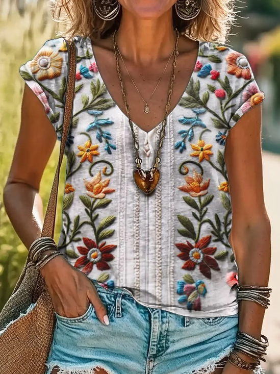 Damen Geblümt Kurzarm T-Shirts T-Shirt V-Ausschnitt Print Lässig Sommer T-Shirt mit Grafik Oberteile