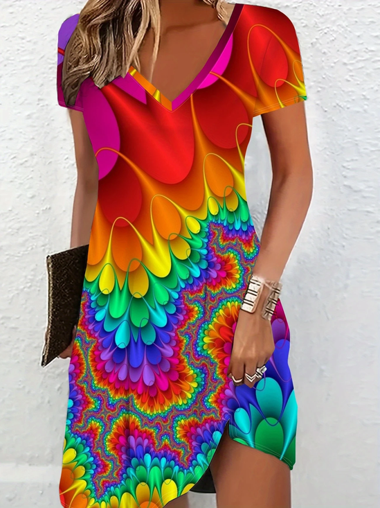 Damen Abstrakt Kurzarm Sommer Kleid V-Ausschnitt Täglich Lässig Midi Passen & Flare Kleid A-Linien-Kleid
