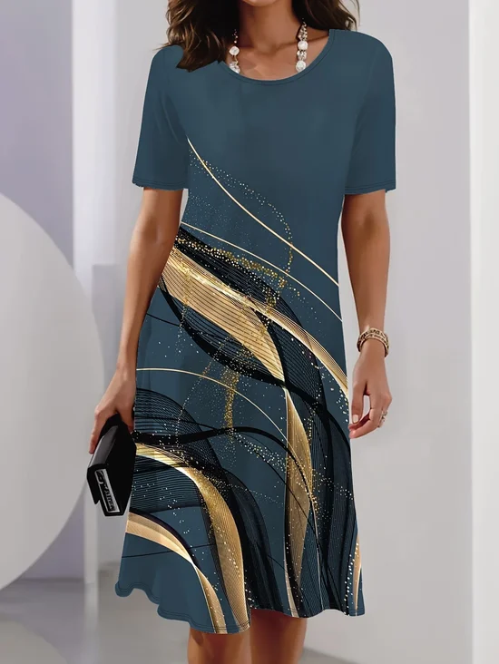 Damen Abstrakt Kurzarm Sommer Print Kleid Rundhals Täglich Retro Midi Tunika H-Linie Kleid