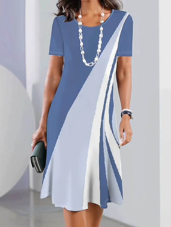 Damen Abstrakt Kurzarm Sommer Print Kleid Rundhals Täglich Retro Midi Tunika H-Linie Kleid