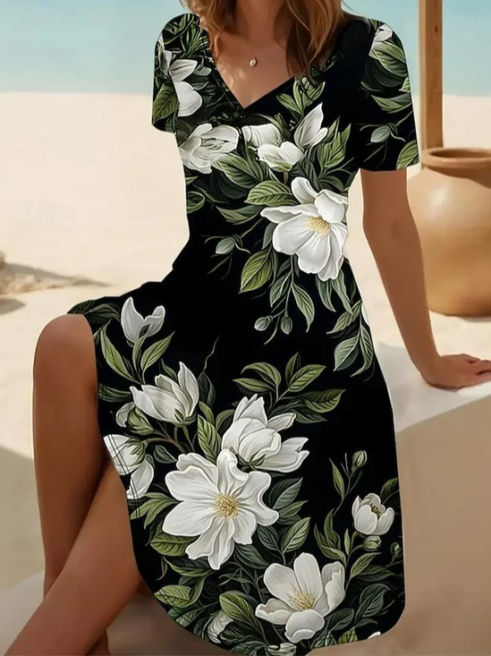 Damen Geblümt Kurzarm Sommer Print Kleid V-Ausschnitt Täglich Lässig Midi Passen & Flare Kleid A-Linien-Kleid