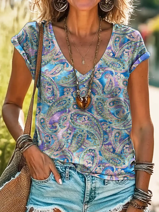 Damen Paisley Kurzarm T-Shirts T-Shirt V-Ausschnitt Print Lässig Sommer T-Shirt mit Grafik Oberteile