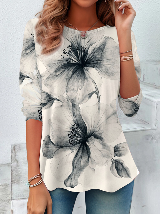 Damen Geblümt Langarm T-Shirts T-Shirt Rundhals Print Lässig Frühling/Herbst T-Shirt mit Grafik Oberteile
