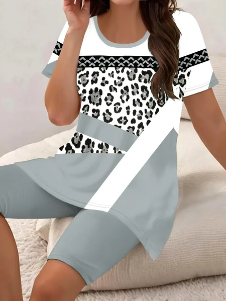 Damen Abstrakt Print Zweiteiliges Set Täglich Kurzarm Lässig Sommer Bluse mit Hose Matching Set