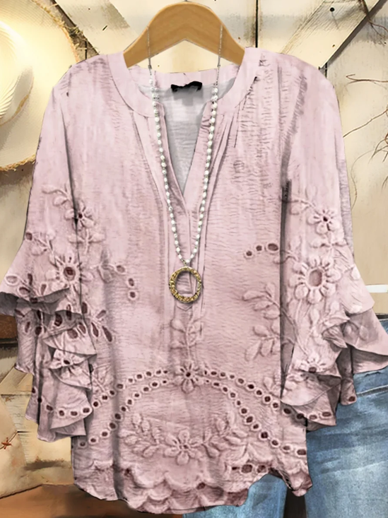 Damen Geblümt Halbarm Bluse Sommer Print V-Ausschnitt Täglich Lässig Oberteile