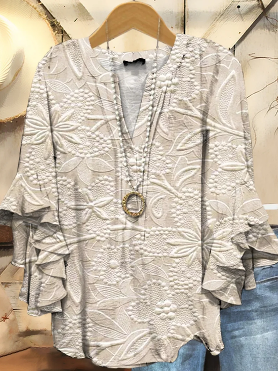 Damen Geblümt Halbarm Bluse Sommer Print V-Ausschnitt Täglich Lässig Oberteile