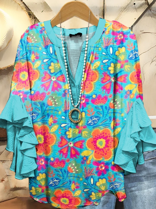Damen Geblümt Halbarm Bluse Sommer Print V-Ausschnitt Täglich Lässig Oberteile