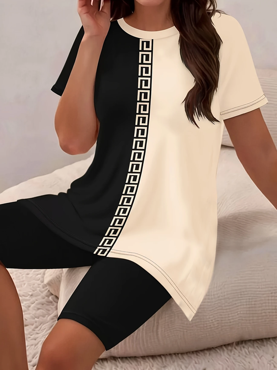 Damen Geometrisch Print Zweiteiliges Set Täglich Kurzarm Lässig Sommer Bluse mit Hose Matching Set