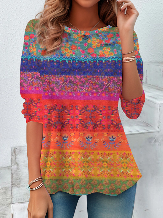 Damen Geblümt Langarm T-Shirts T-Shirt Rundhals Print Lässig Frühling/Herbst Tunika Oberteile