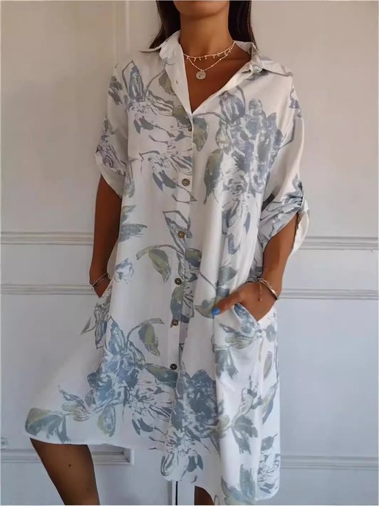 Damen Geblümt Halbarm Sommer Print Kleid Stehkragen Täglich Retro Midi Tanktop A-Linien-Kleid