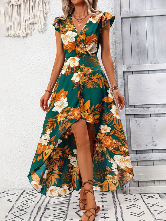 Damen Unifarben Kurzarm Sommer Print Kleid V-Ausschnitt Rüschenärmel Täglich Retro Maxikleid Tanktop A-Linien-Kleid