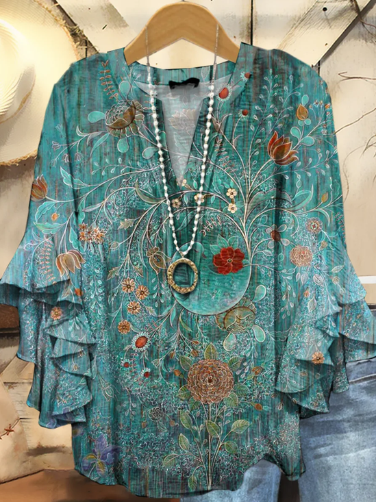 Damen Geblümt Halbarm Bluse Sommer Print V-Ausschnitt Täglich Lässig Oberteile
