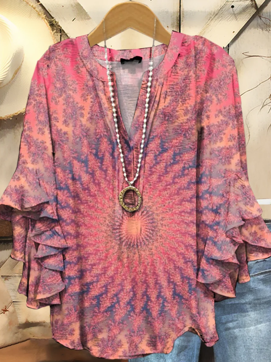 Damen Tie-Dye-Muster Halbarm Bluse Sommer Print V-Ausschnitt Täglich Lässig Oberteile
