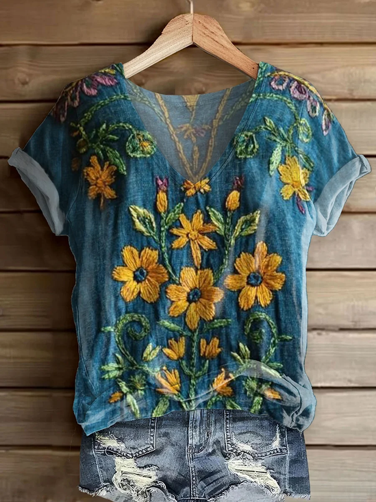 Damen Geblümt Kurzarm T-Shirts T-Shirt V-Ausschnitt Print Lässig Sommer T-Shirt mit Grafik Oberteile