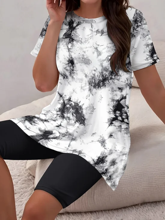 Damen Abstrakt Print Zweiteiliges Set Täglich Kurzarm Lässig Sommer Bluse mit Hose Matching Set