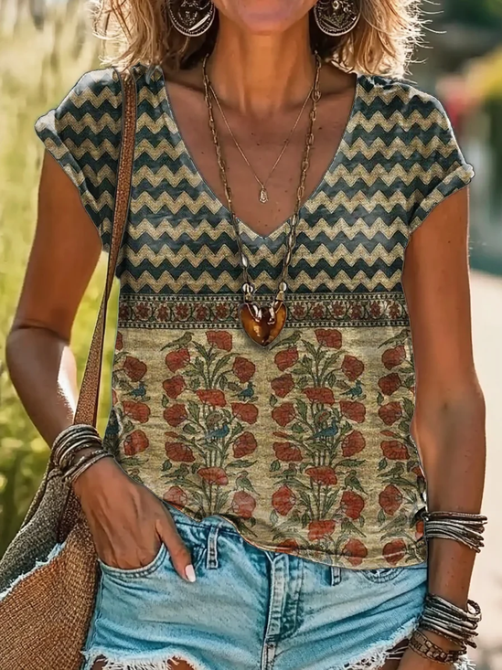 Damen Geblümt Kurzarm T-Shirts T-Shirt V-Ausschnitt Print Lässig Sommer T-Shirt mit Grafik Oberteile