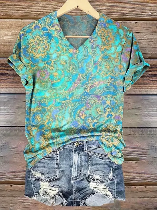 Damen Geblümt Kurzarm T-Shirts T-Shirt V-Ausschnitt Print Lässig Sommer T-Shirt mit Grafik Oberteile