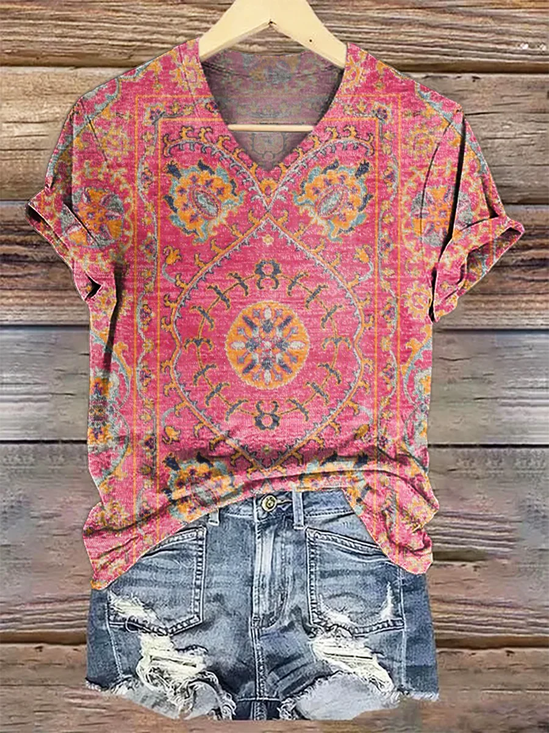 Damen Geblümt Kurzarm T-Shirts T-Shirt V-Ausschnitt Print Lässig Sommer T-Shirt mit Grafik Oberteile