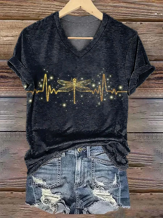Damen Libelle Kurzarm T-Shirts T-Shirt V-Ausschnitt Print Lässig Sommer T-Shirt mit Grafik Oberteile