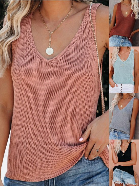 Damen Ärmellos Tanktop Oberteile Leibchen Sommer Unifarben Nahtverarbeitung V-Ausschnitt Täglich Einfach Oberteile