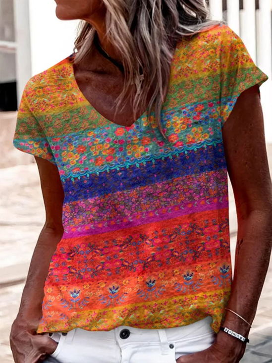 Damen Geblümt Kurzarm T-Shirts T-Shirt V-Ausschnitt Print Lässig Sommer T-Shirt mit Grafik Oberteile