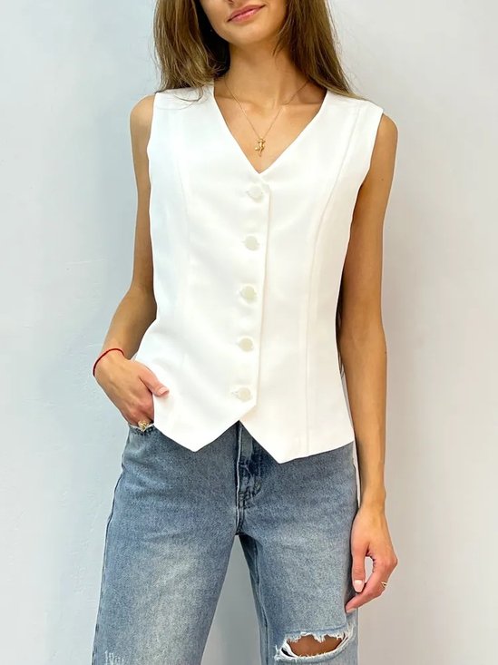 Damen Ärmellos Tanktop Oberteile Leibchen Sommer Unifarben Schnalle V-Ausschnitt Täglich Einfach Oberteile