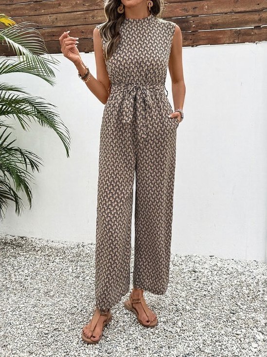 Damen Geometrisch Rundhals Ärmellos Retro Sommer Jumpsuit