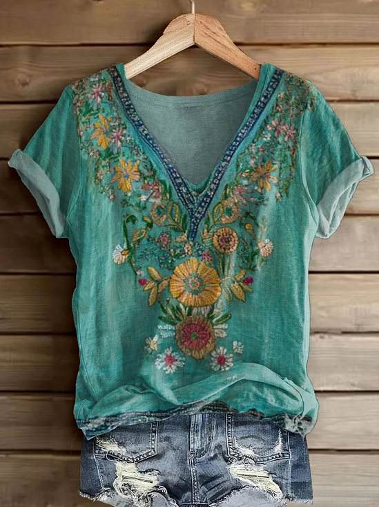 Damen Geblümt Kurzarm T-Shirts T-Shirt V-Ausschnitt Print Lässig Sommer T-Shirt mit Grafik Oberteile