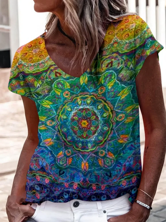 Damen Geblümt Kurzarm T-Shirts T-Shirt V-Ausschnitt Print Lässig Sommer T-Shirt mit Grafik Oberteile