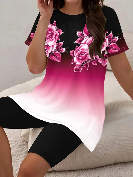 Damen Geblümt Print Zweiteiliges Set Täglich Kurzarm Lässig Sommer Bluse mit Hose Matching Set